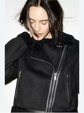 Zara Black Faux-Shearling Moto Jacket